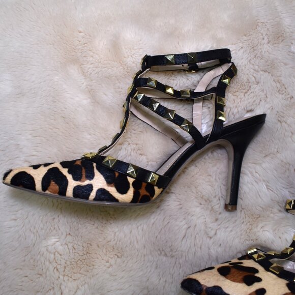 BCBG Darron Leopard Studded Strappy Stiletto Heels 7.5 Pointed Toe - Picture 10 of 11